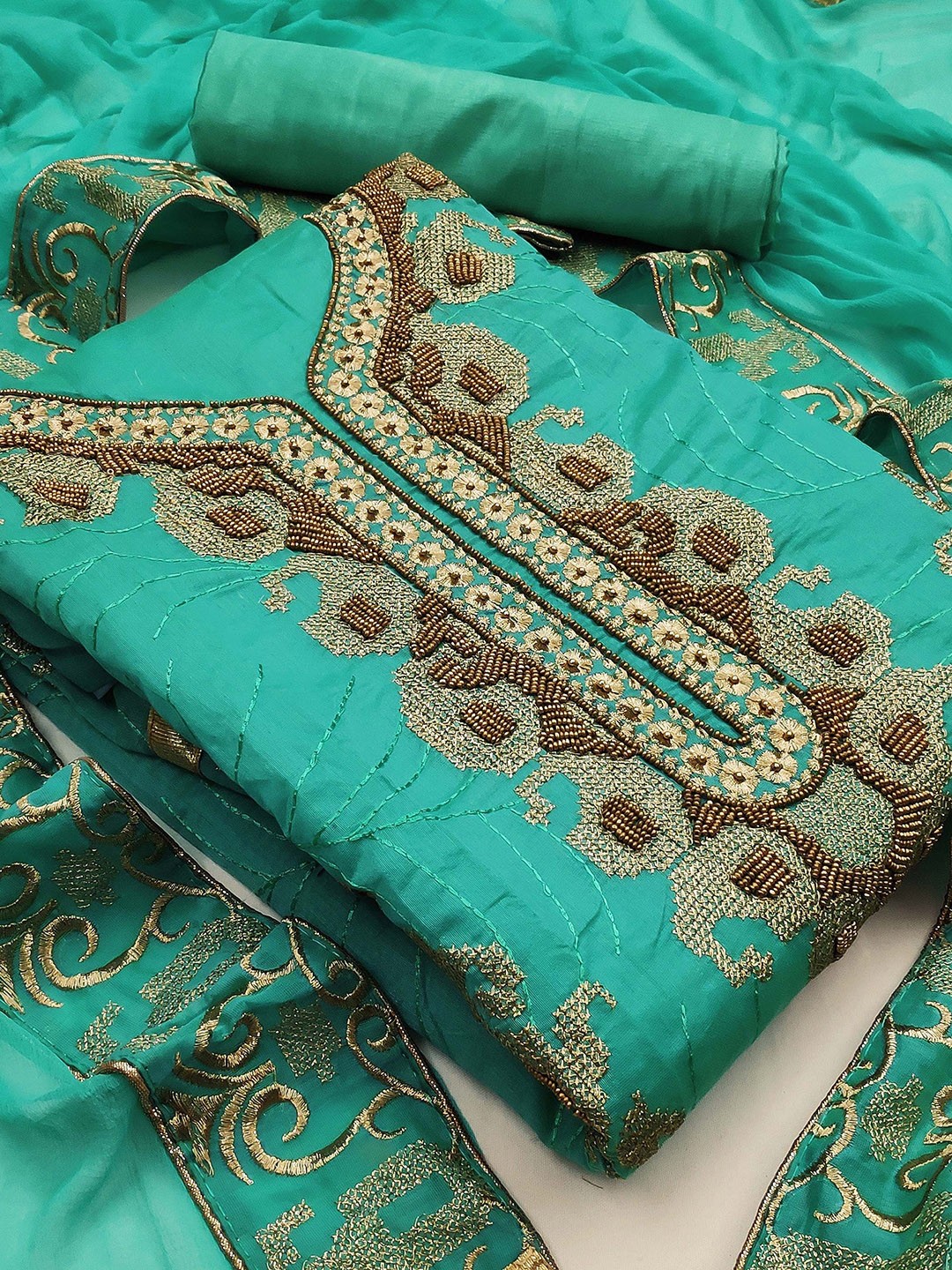 

SAINOOR Embellished Semi-Stitched Dress Material, Sea green