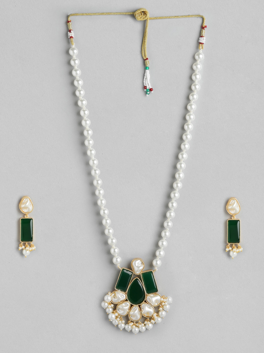 

Anouk Gold Plated Beaded & MOP Studded Premium Necklace & Earring Set, Green