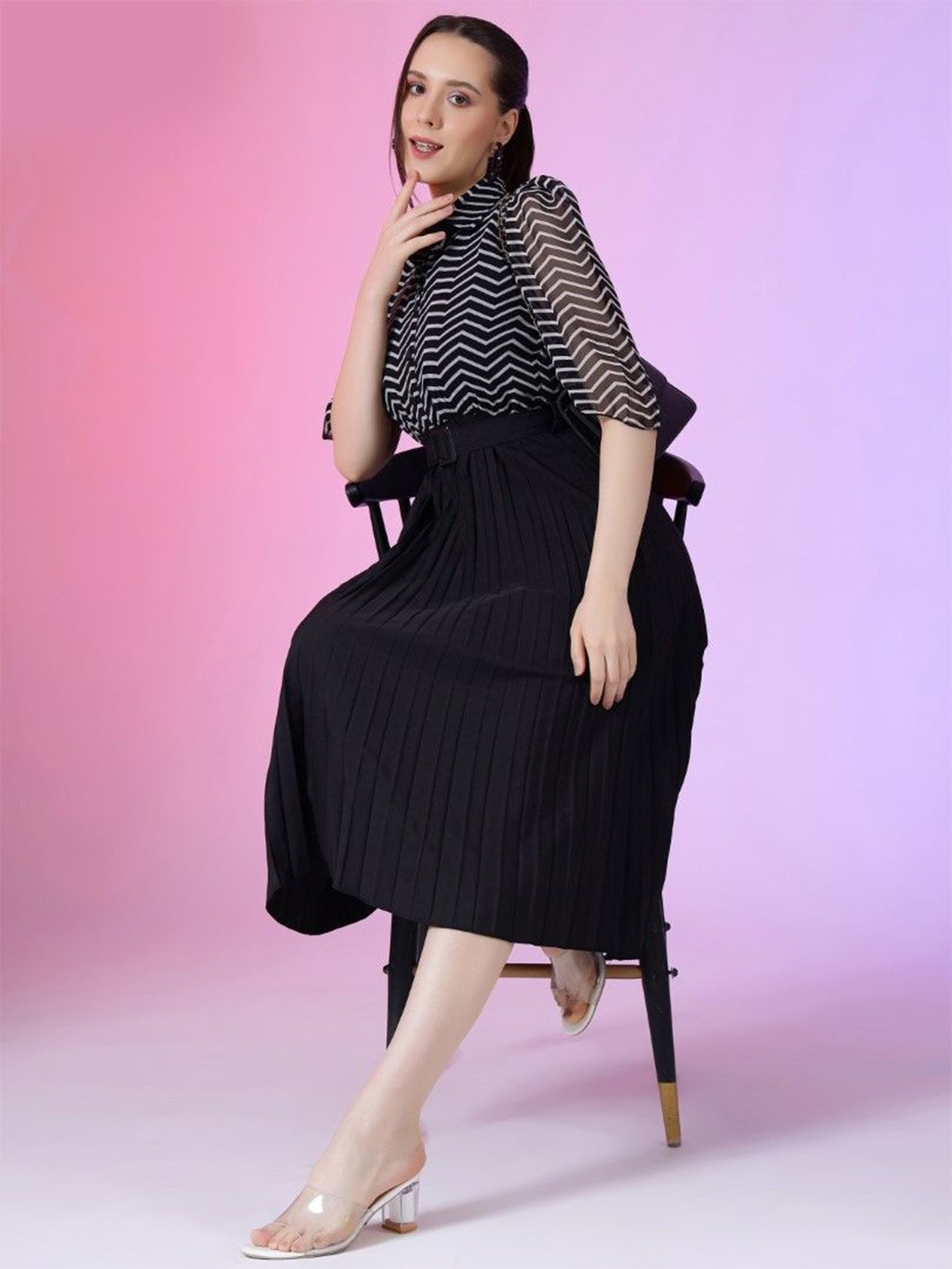 

Jash Creation Print Puff Sleeve Applique Georgette Fit & Flare Dress, Black