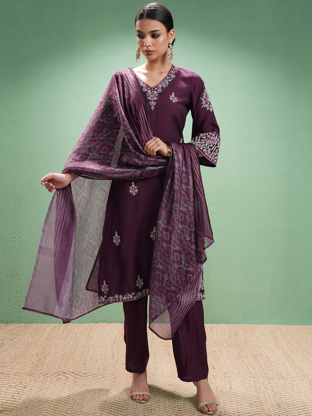 

Vishudh Women Ethnic Motifs Embroidered Regular Thread Work Kurta with Trousers & With Dupatta, Purple