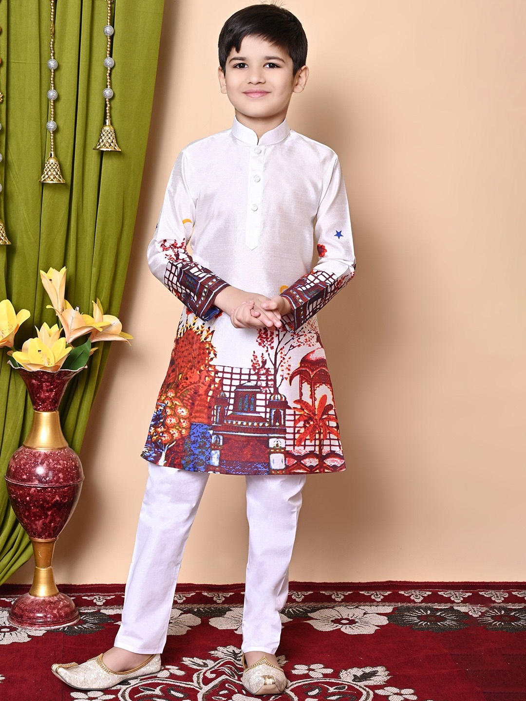 

Cae Boys Printed Regular Dupion Silk Kurta with Pyjamas, White