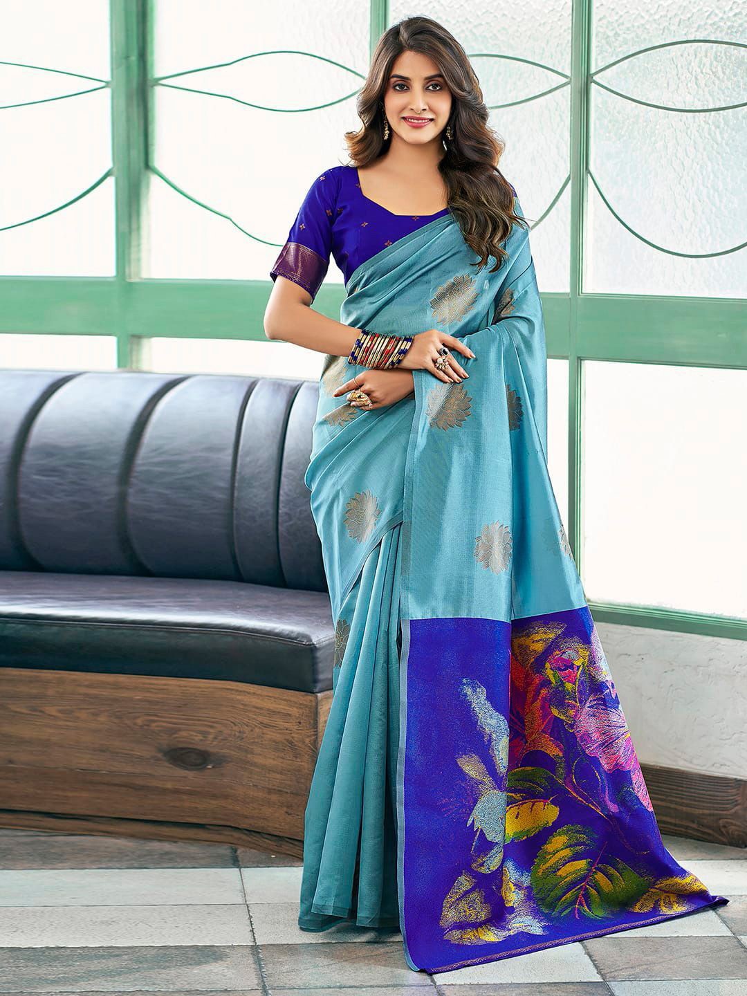 

DIVASTRI Ethnic Motifs Zari Silk Blend Saree, Turquoise blue