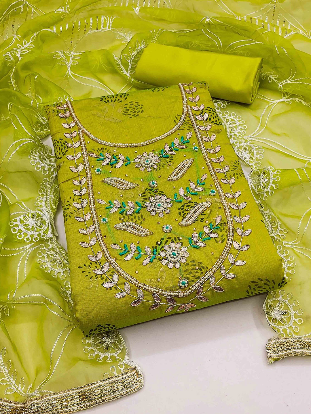 

SAINOOR Embellished Semi-Stitched Dress Material, Green