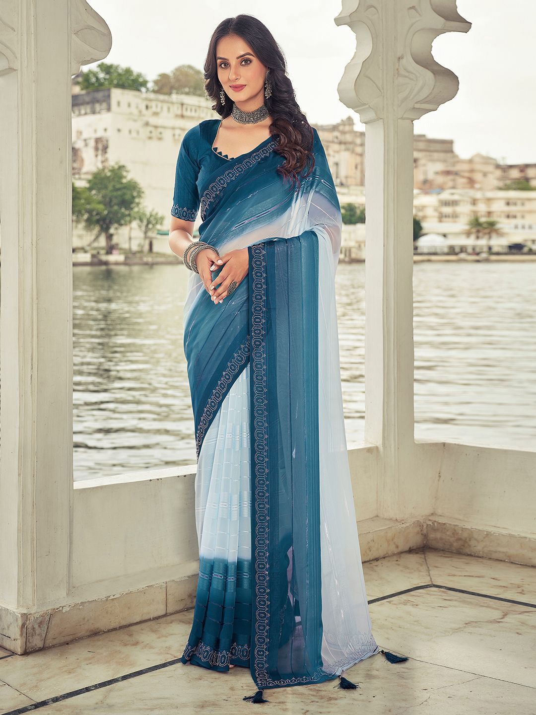 

DIVASTRI Striped Beads and Stones Pure Georgette Designer Leheriya Saree, Teal