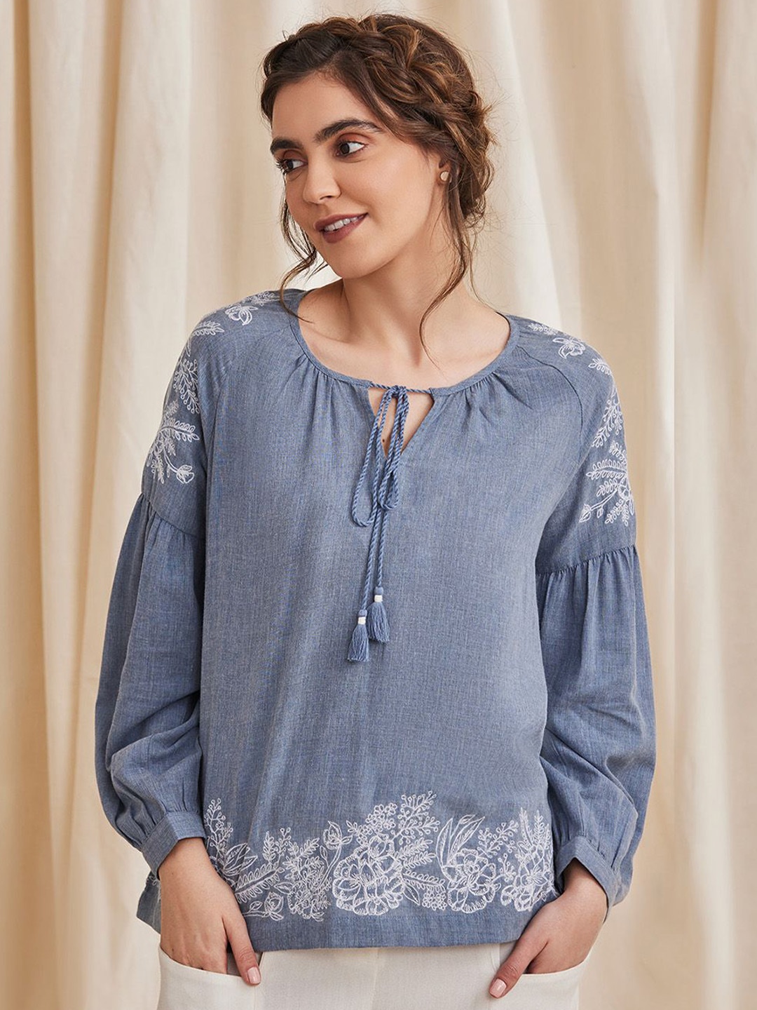 

B77 Tie-Up Neck Organic Cotton Top, Blue