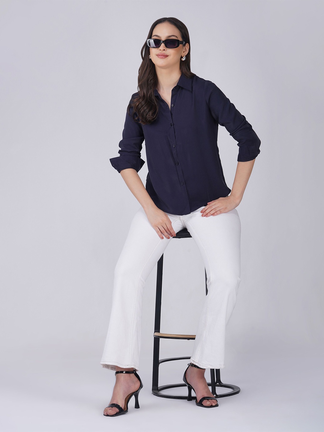 

Street22 Women Classic Multi Stripes Opaque Striped Casual Shirt, Navy blue