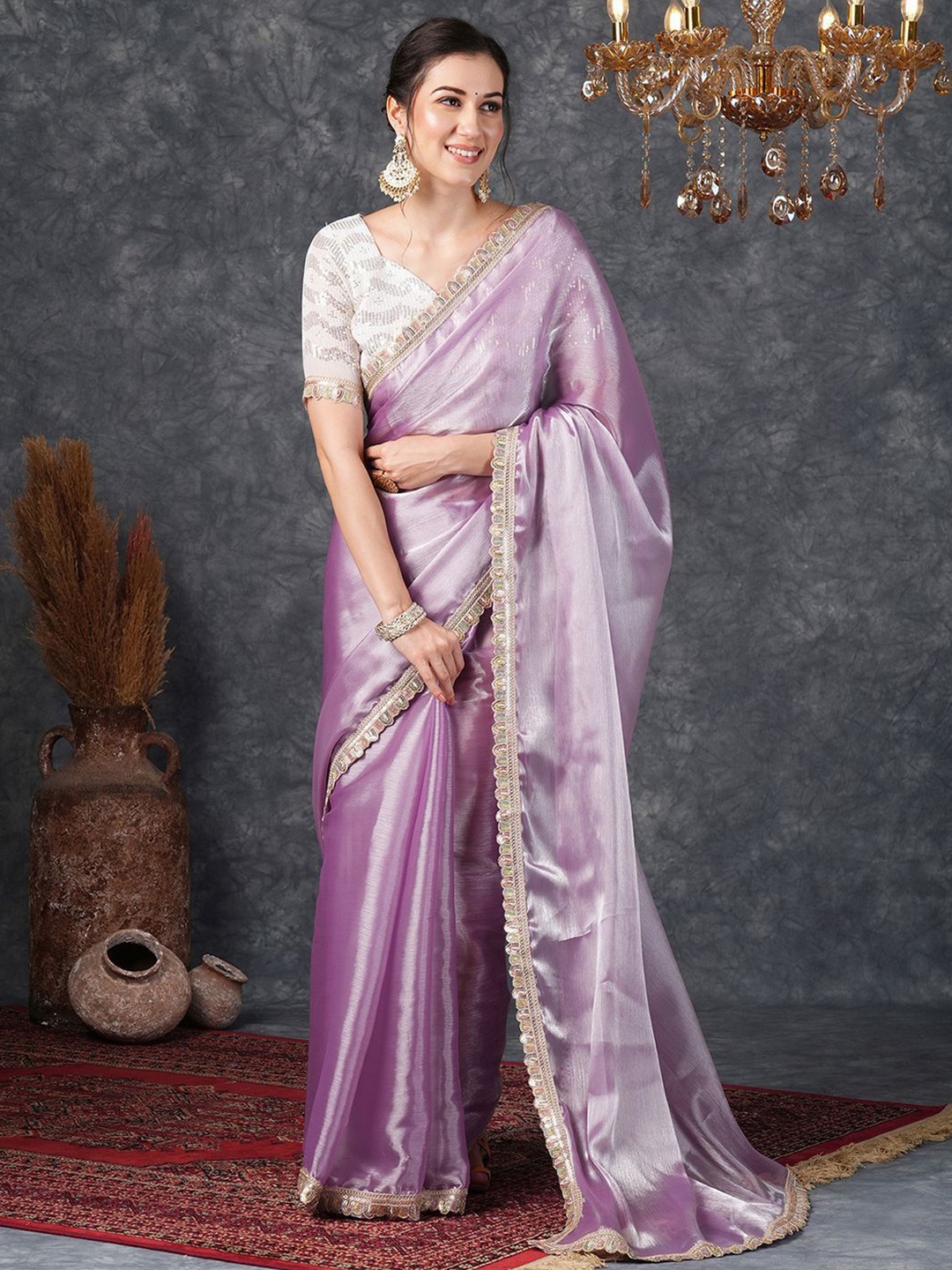 

DIVASTRI Sequinned Pure Chiffon Saree, Purple