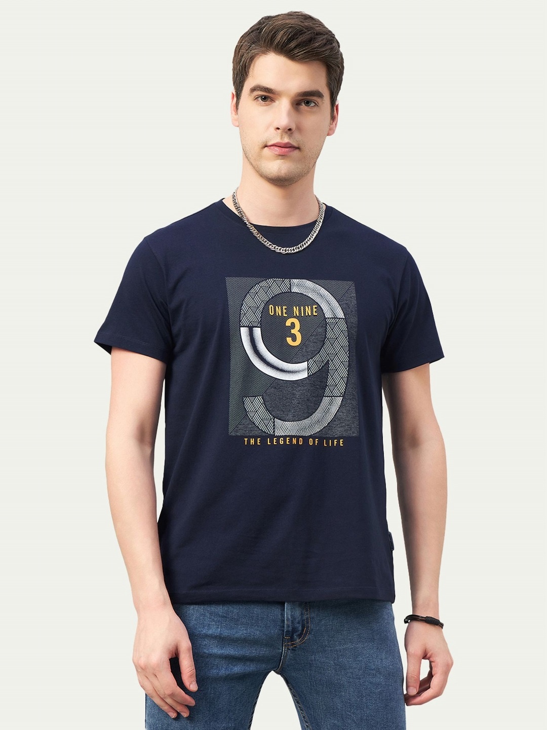 

Promount Men Printed Polo Collar Monochrome Applique T-shirt, Navy blue