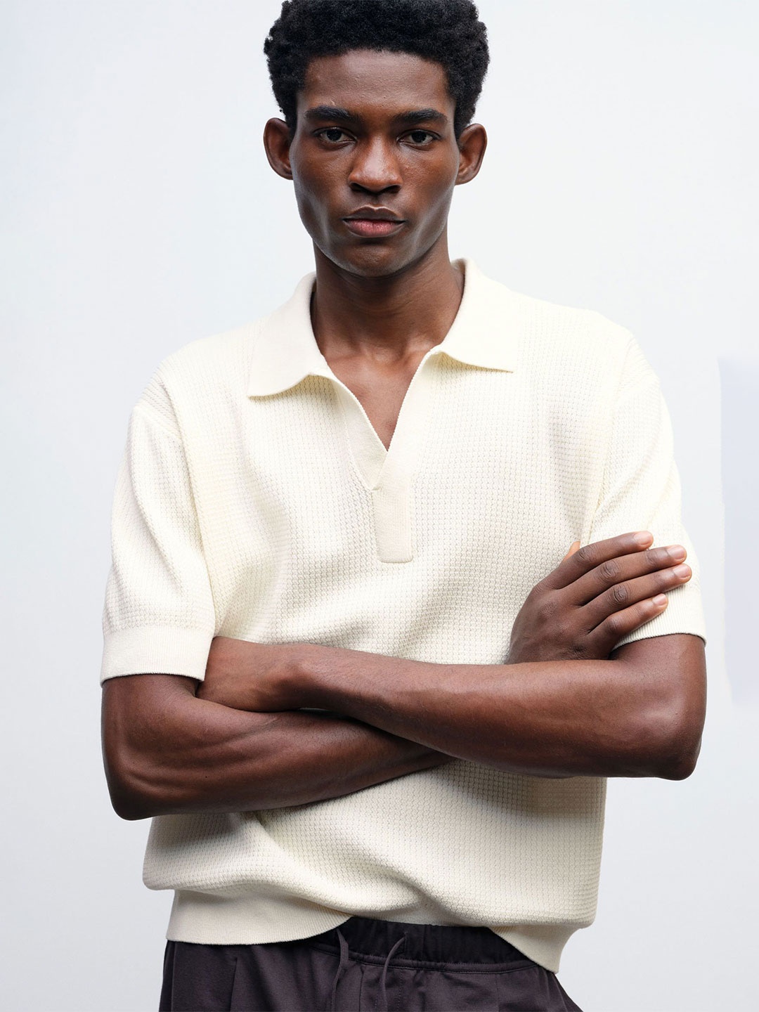 

H&M Regular Fit Cable-Knit Polo Shirt, White