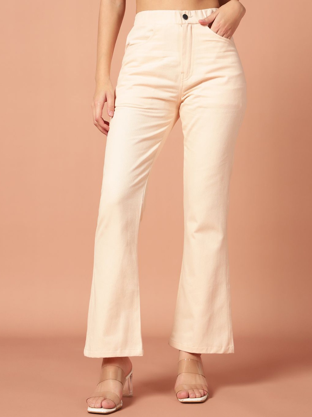 

Mast & Harbour Women Flared High-Rise Easy Wash Trousers, Cream