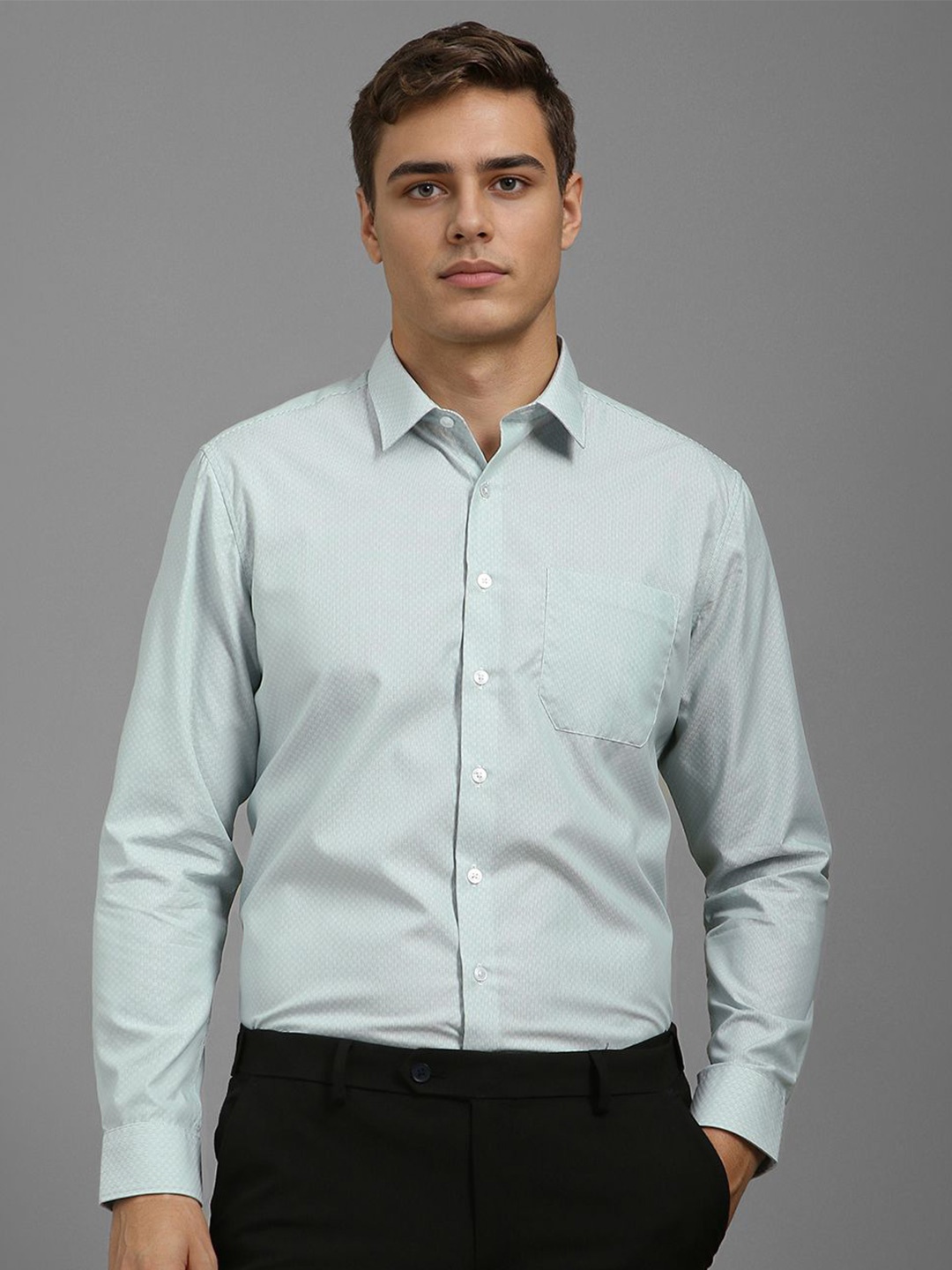 

Louis Philippe Men Slim Fit Micro Checks Opaque Printed Formal Shirt, Green