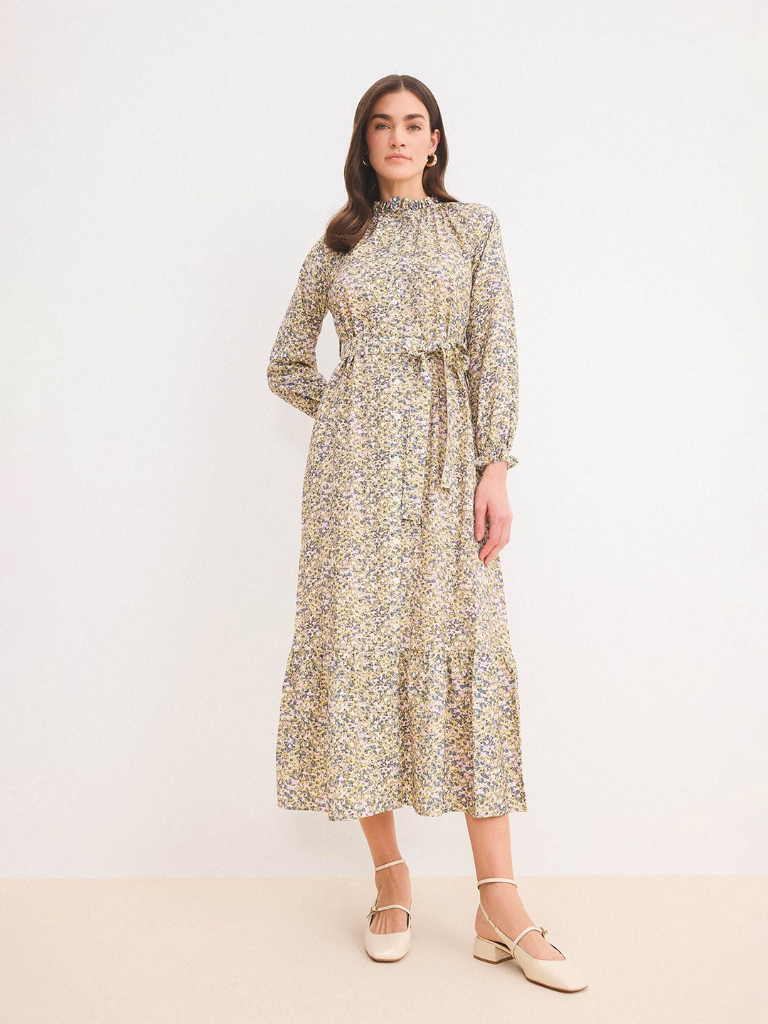 

DeFacto Floral Print Puff Sleeve Fit & Flare Midi Dress, Na