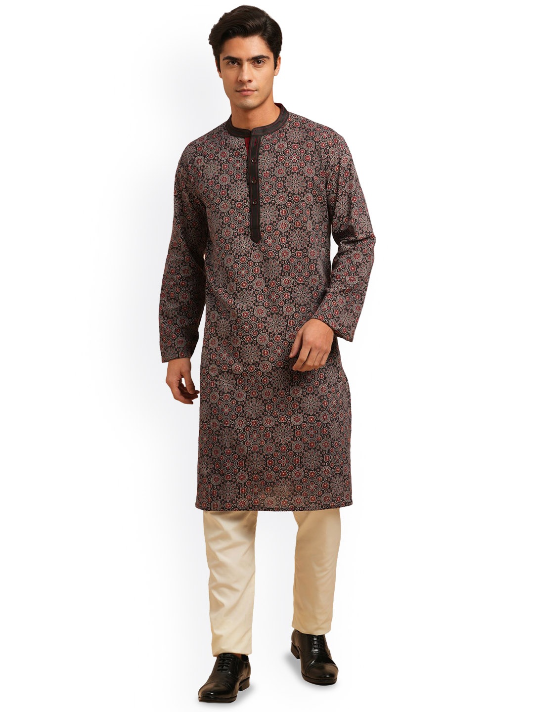 

Arch element Men Geometric Printed Flared Sleeves Thread Work Kurta, Black