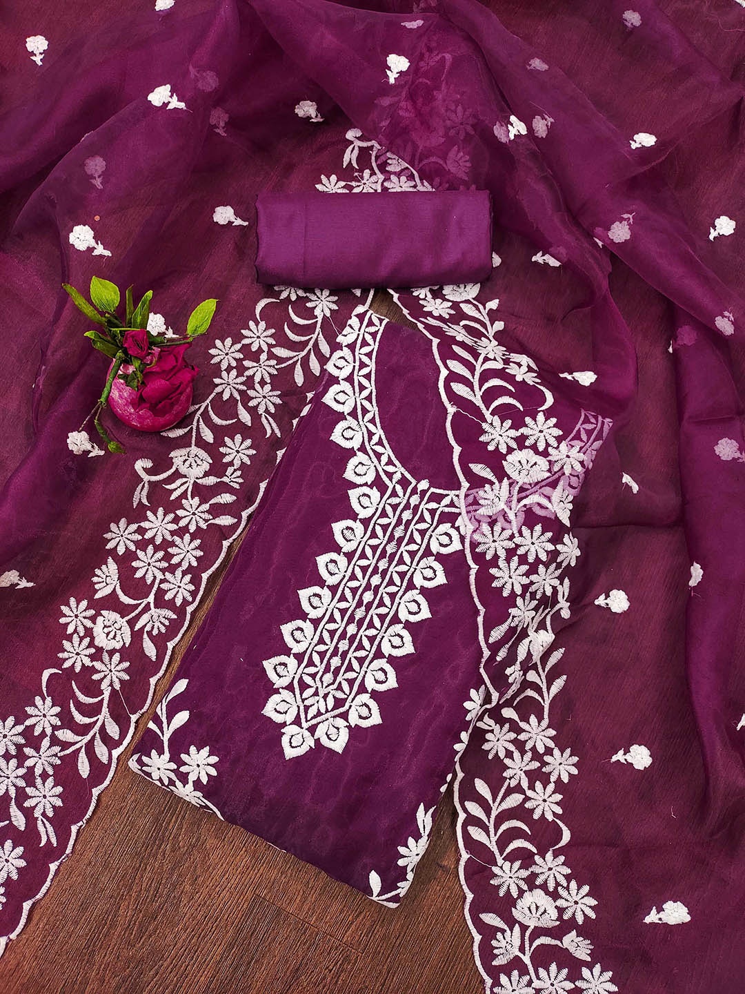

SAINOOR Embroidered Organza Semi-Stitched Dress Material, Magenta