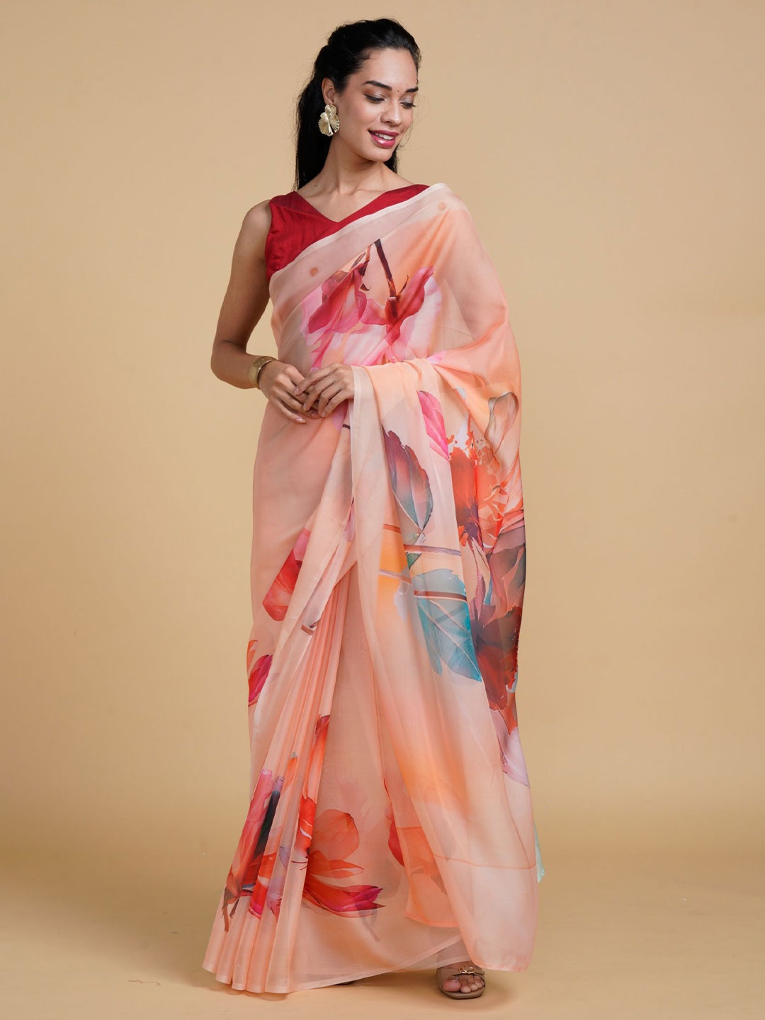 

Saaki Floral Organza Saree, Peach