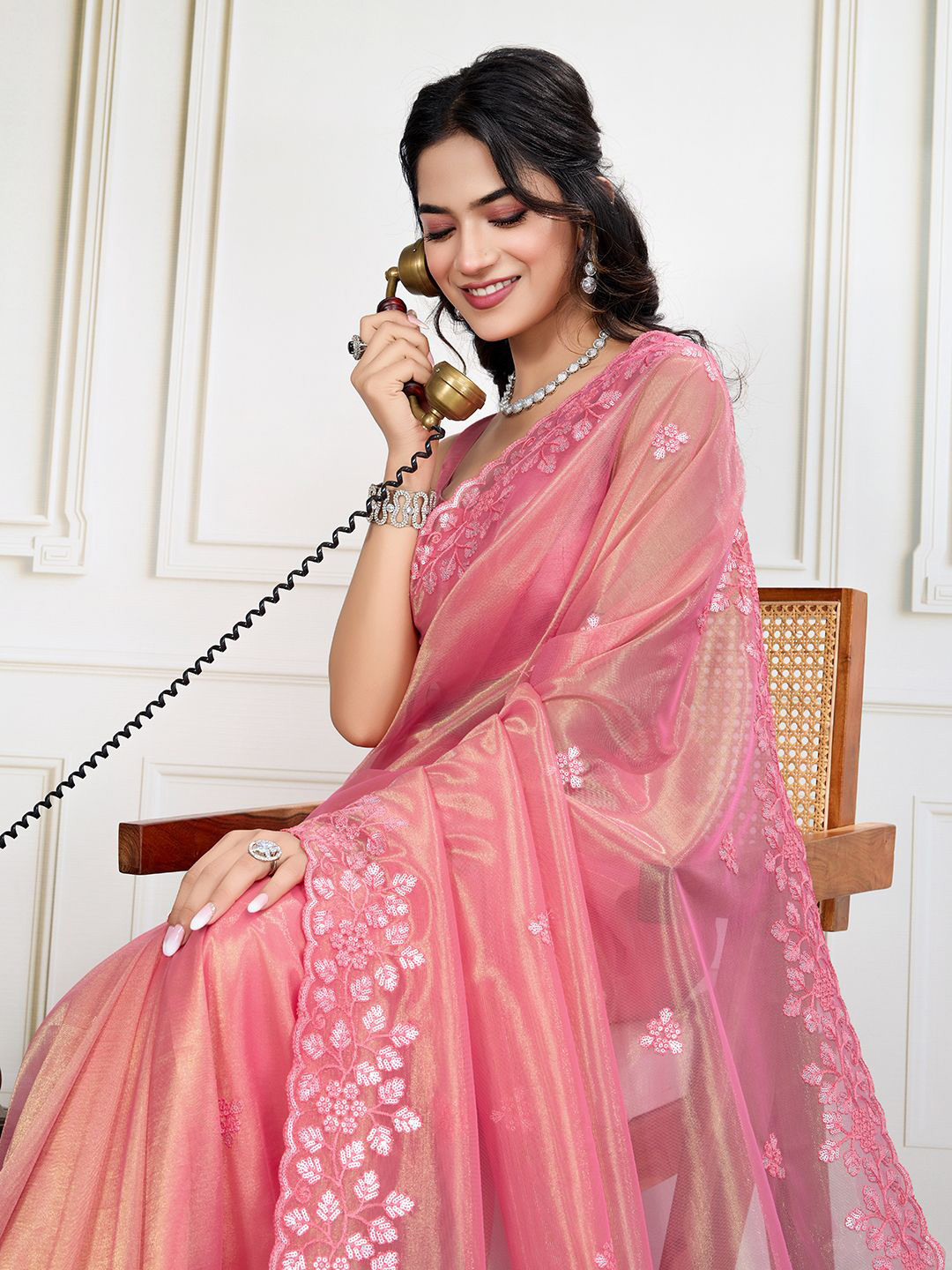 

House of Pataudi Embroidered Work Saree With Blouse Piece, Pink