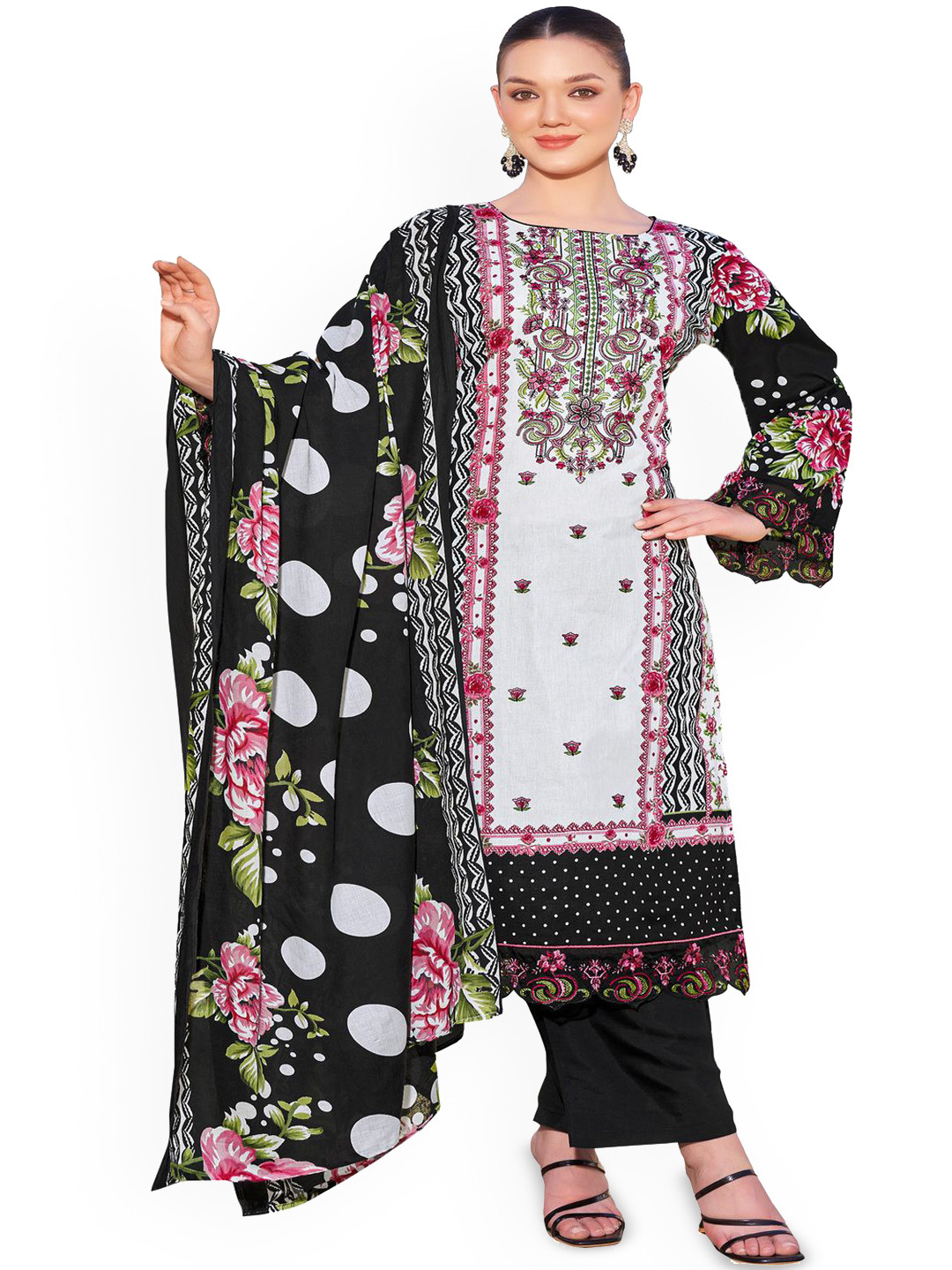 

DRAVINAM Trends Embroidered Pure Cotton Unstitched Dress Material, Black