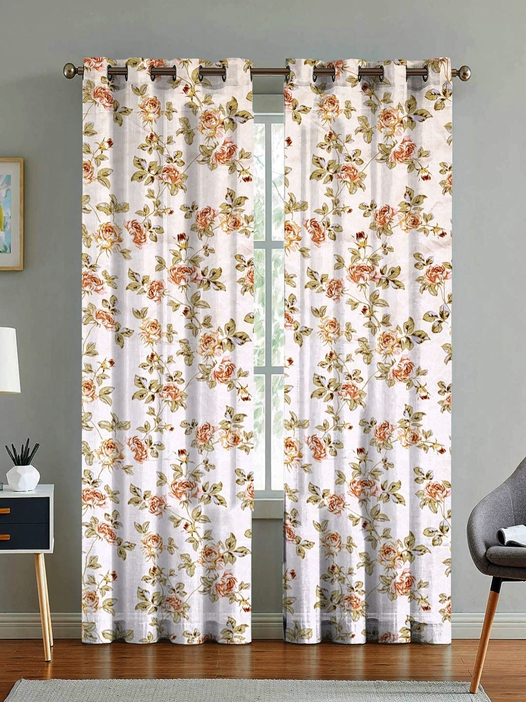 

ANA Beige & Green Set of 2 Floral Room Darkening Long Door Curtain