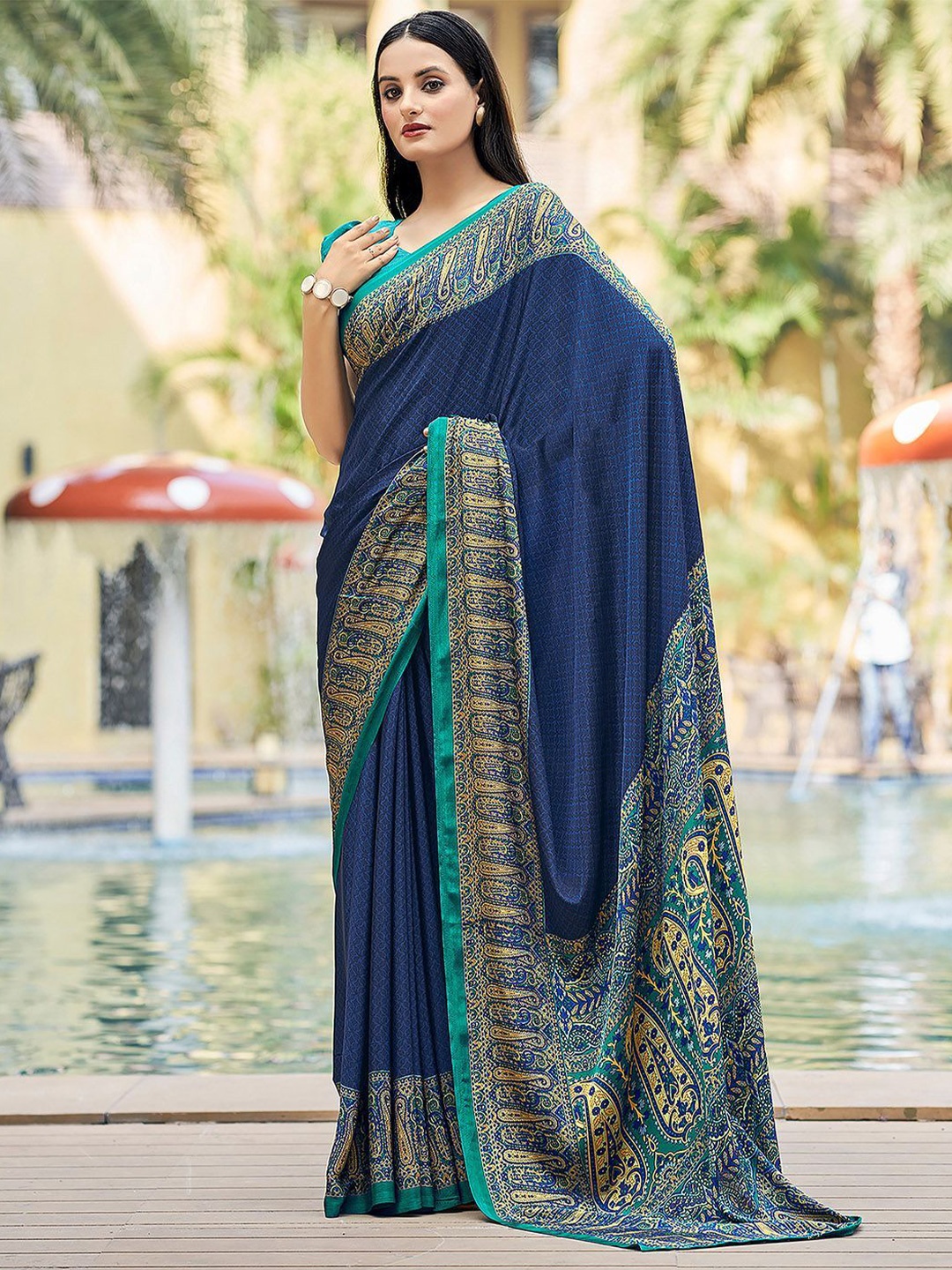 

DIVASTRI Ethnic Motifs Silk Blend Maheshwari Saree, Blue