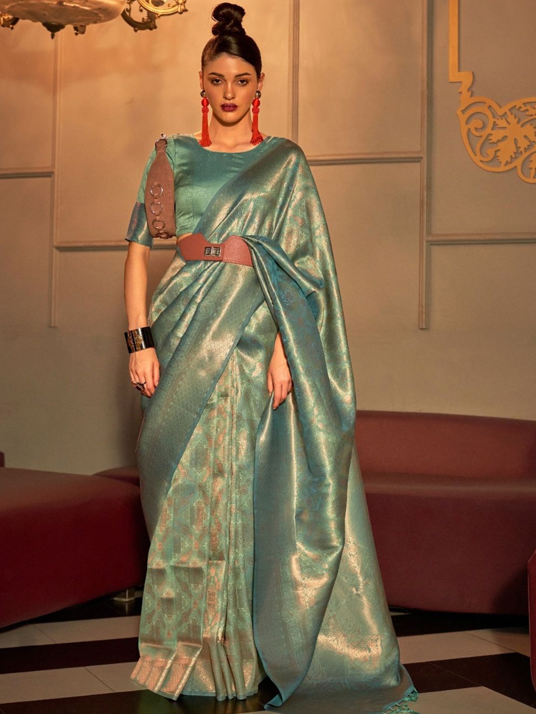

PEENGAX Woven Design Zari Pure Silk Banarasi Saree, Sea green