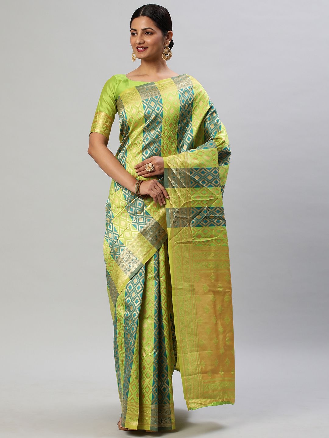 

KALINI Woven Design Zari Silk Blend Kanjeevaram Saree, Green