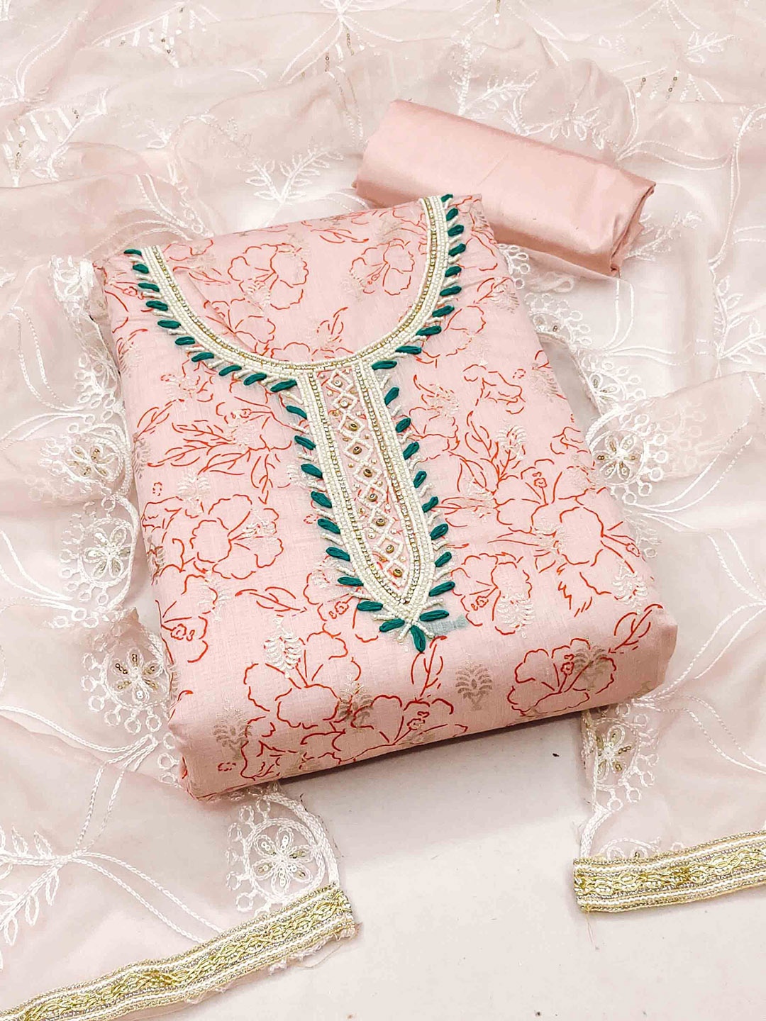 

SAINOOR Embellished Semi-Stitched Dress Material, Peach