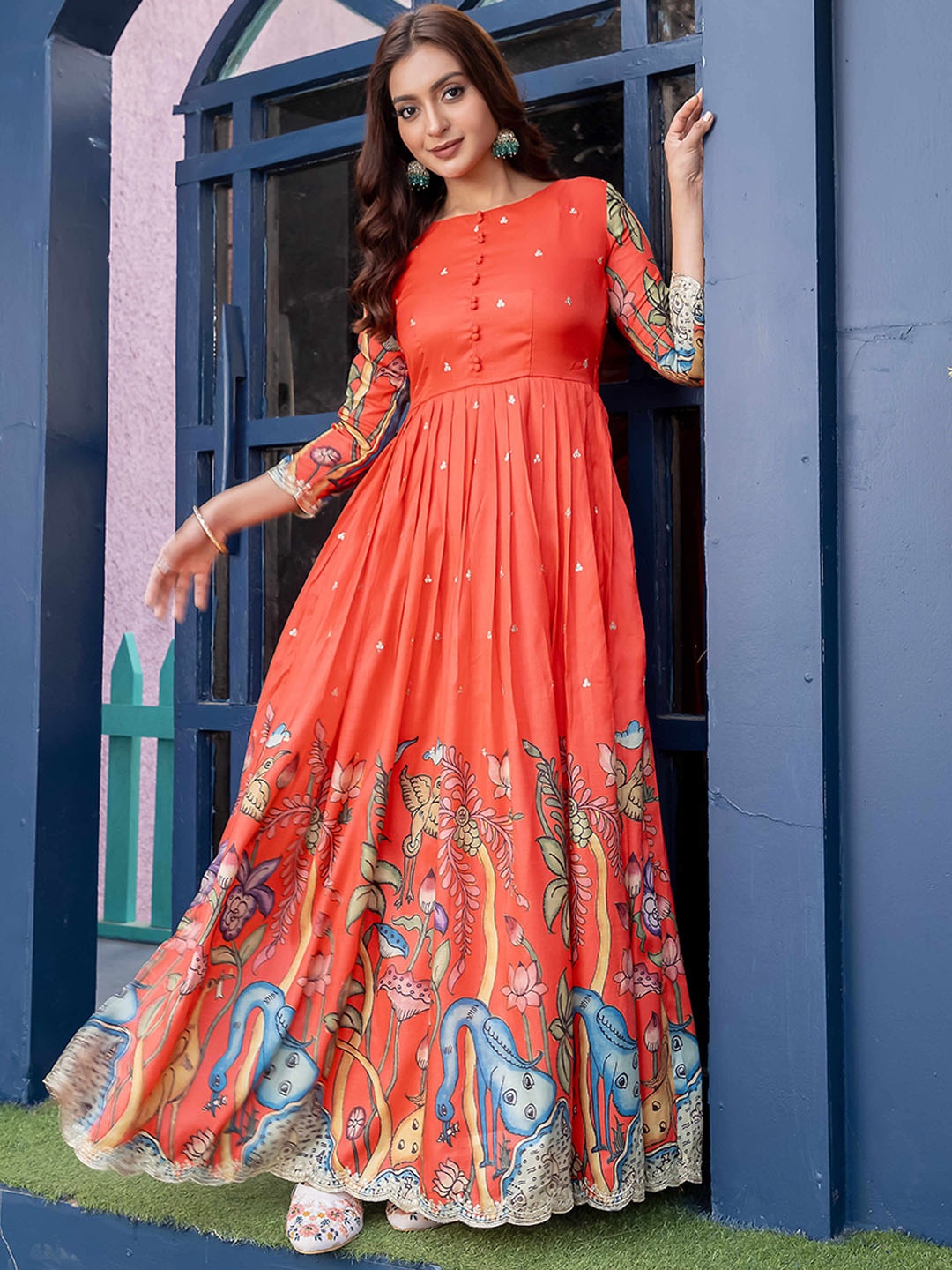 

DEVATITHI Printed Gown Maxi Ethnic Dresses, Orange