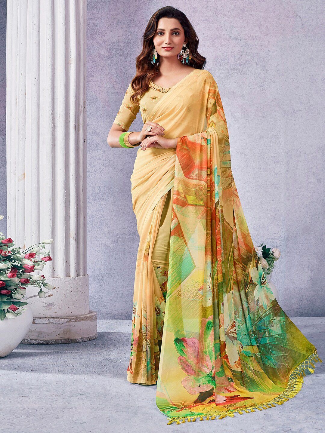 

DIVASTRI Floral Pure Georgette Chanderi Saree, Yellow
