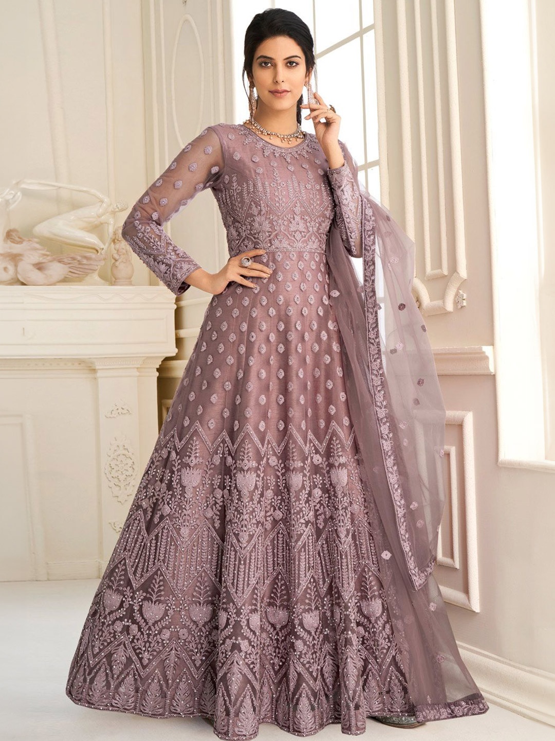 

Aika Embellished Embroidered Net Fit & Flare Maxi Dress, Pink