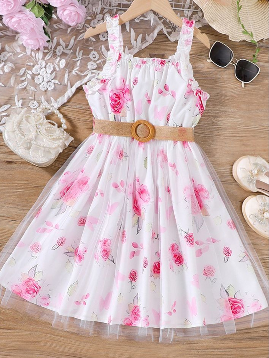 

LULU & SKY Floral Print Flutter Sleeve Fit & Flare Dress, Pink