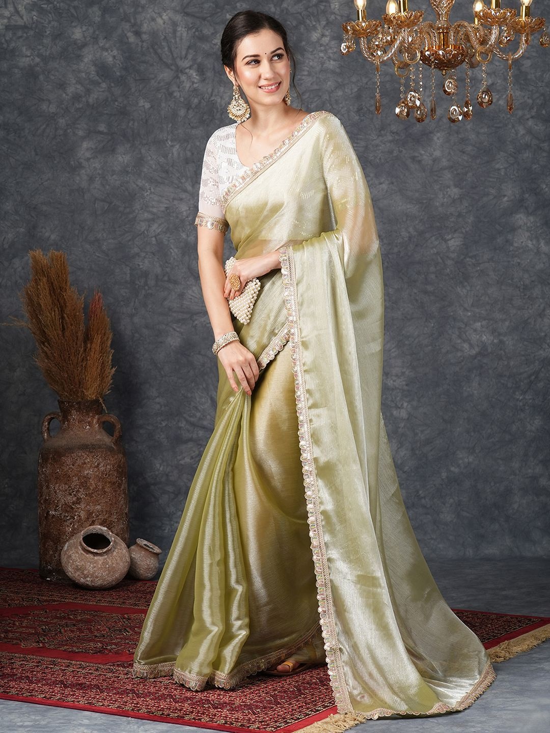 

DIVASTRI Embellished Sequinned Pure Chiffon Saree, Olive