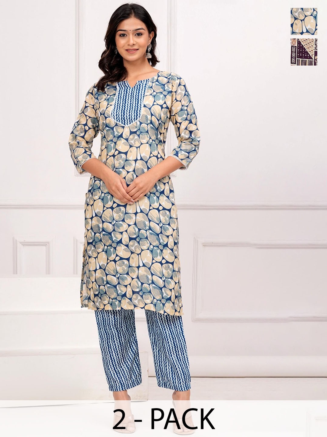 

Moda Rapido Selection Of 2 Abstract Printed Notch Neck Pure Cotton Kurta With Trousers, White