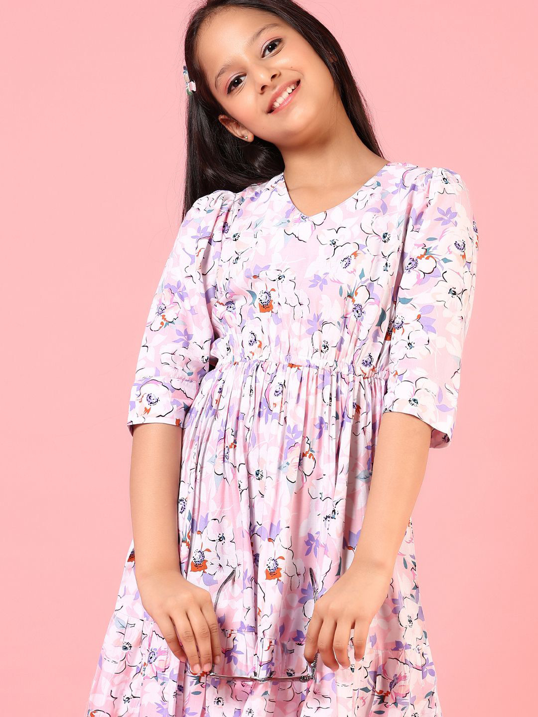 

V-Mart Floral Print Fit & Flare Dress, Peach