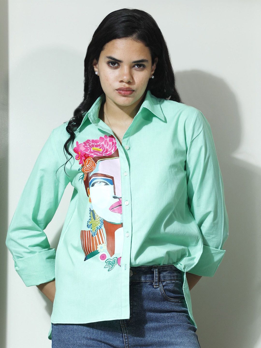 

Athena Women Opaque Printed Casual Shirt, Green