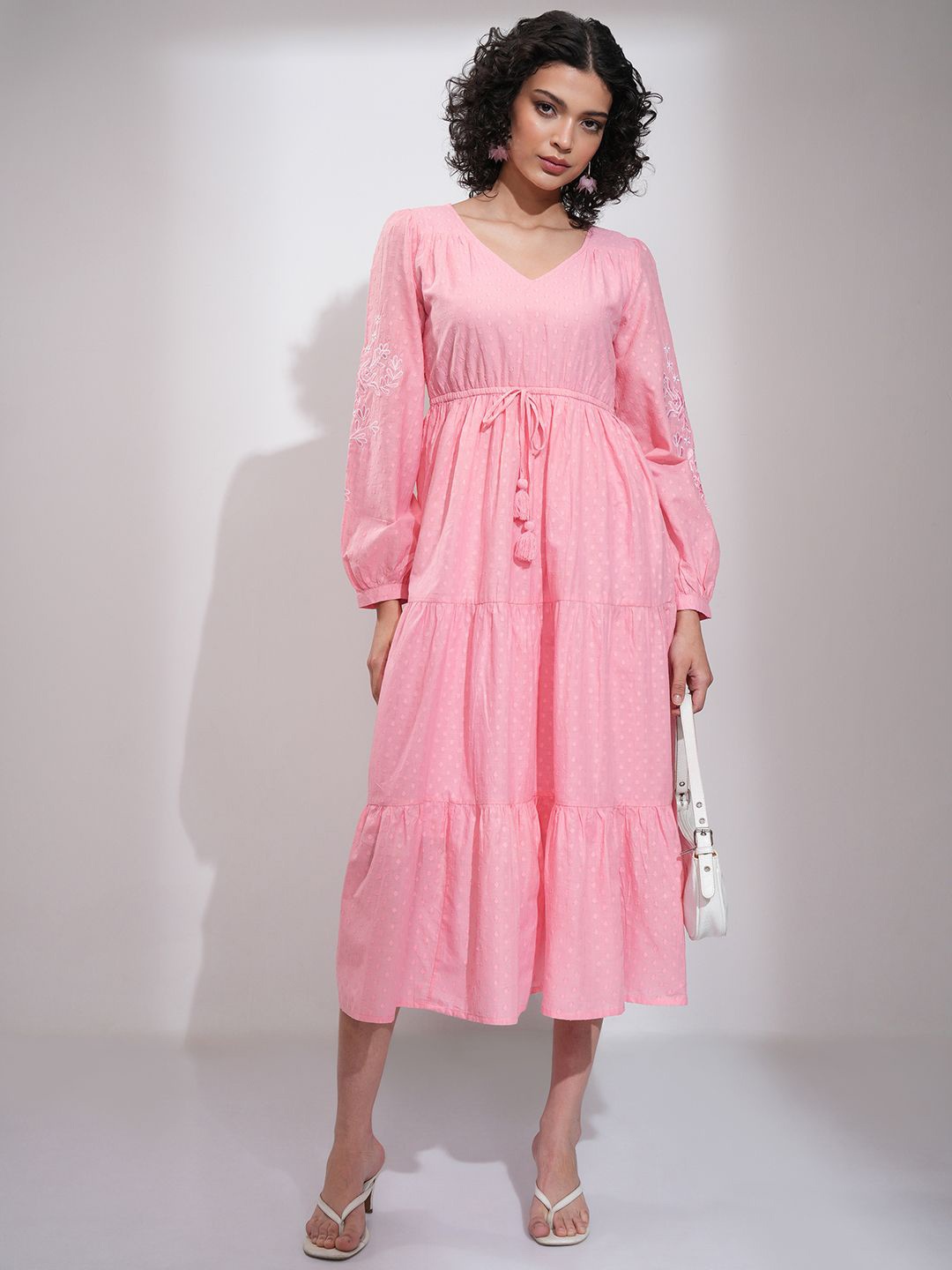 

ESPYR By Tokyo Talkies Embroidered Bishop Sleeve Fit & Flare Maxi Dress, Pink