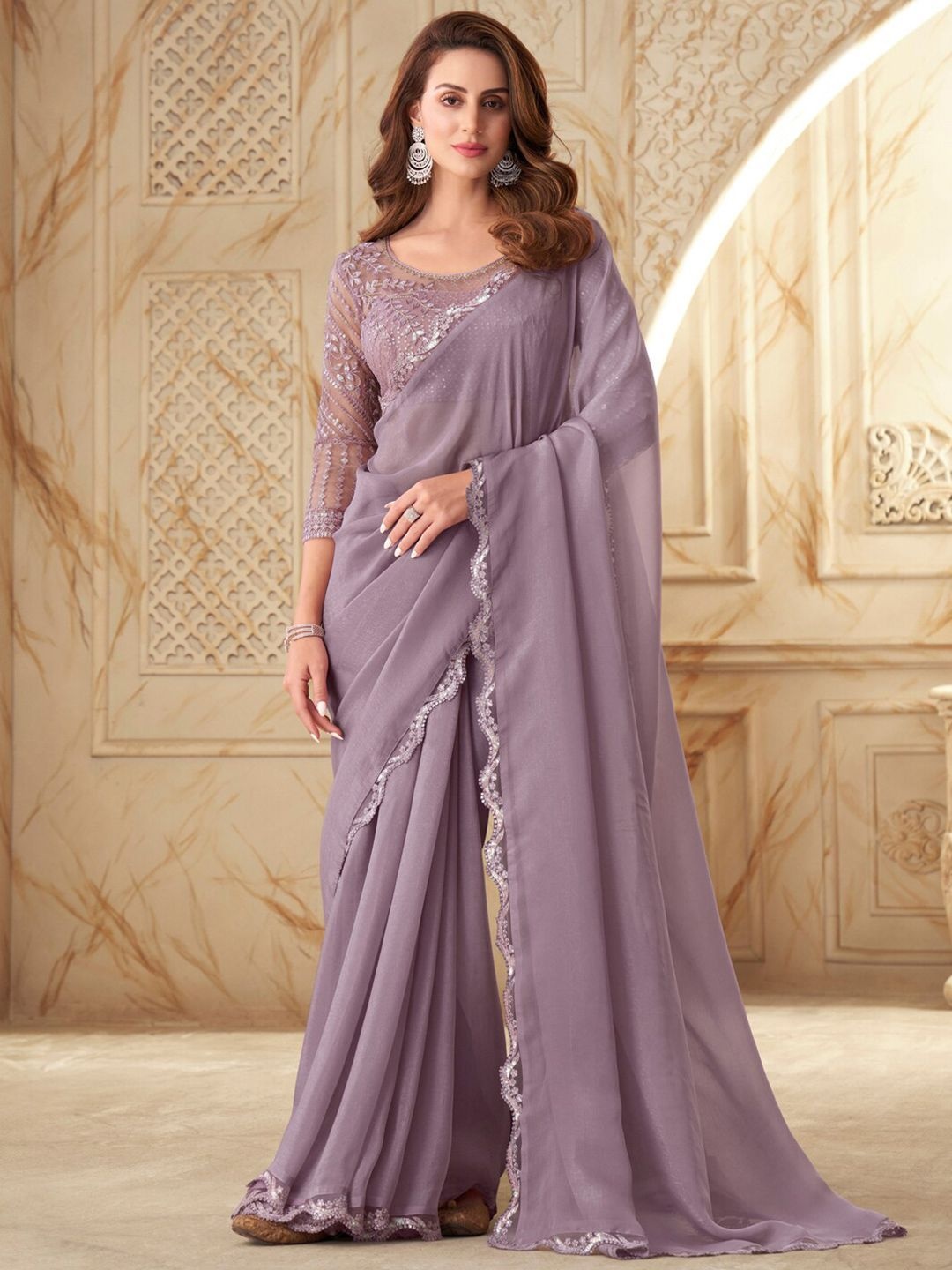 

DIVASTRI Sequinned Pure Georgette Saree, Pink