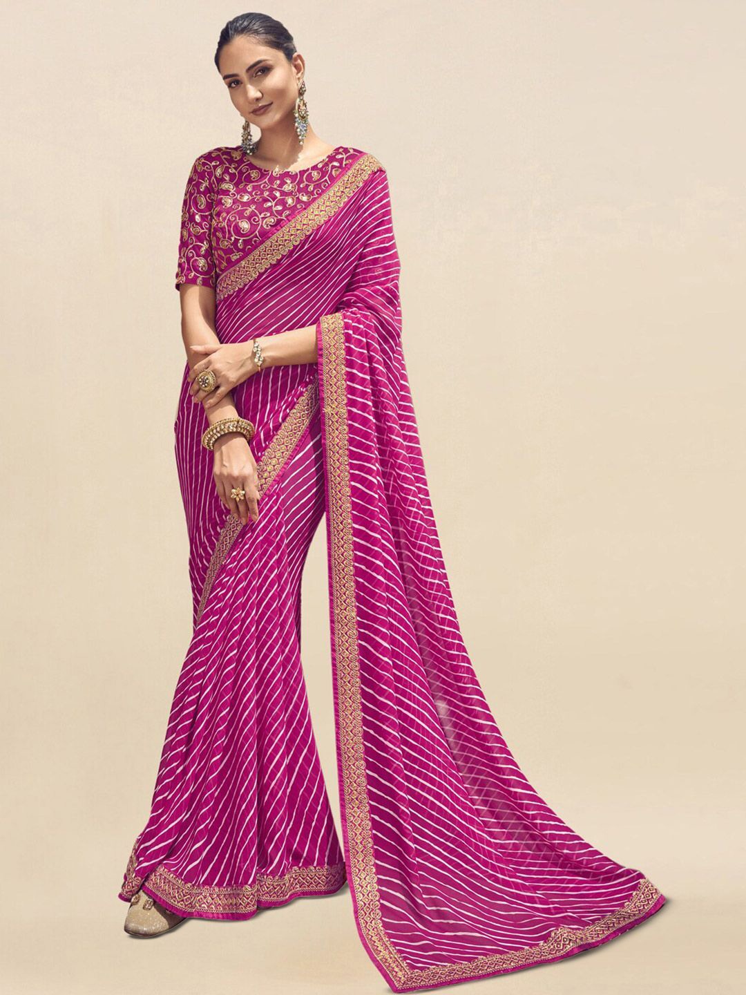 

DIVASTRI Leheriya Pure Georgette Leheriya Saree, Pink