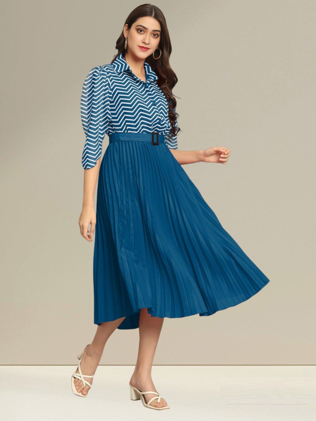 

Raiyani Fashion Striped Applique Georgette Fit & Flare Midi Dress, Blue