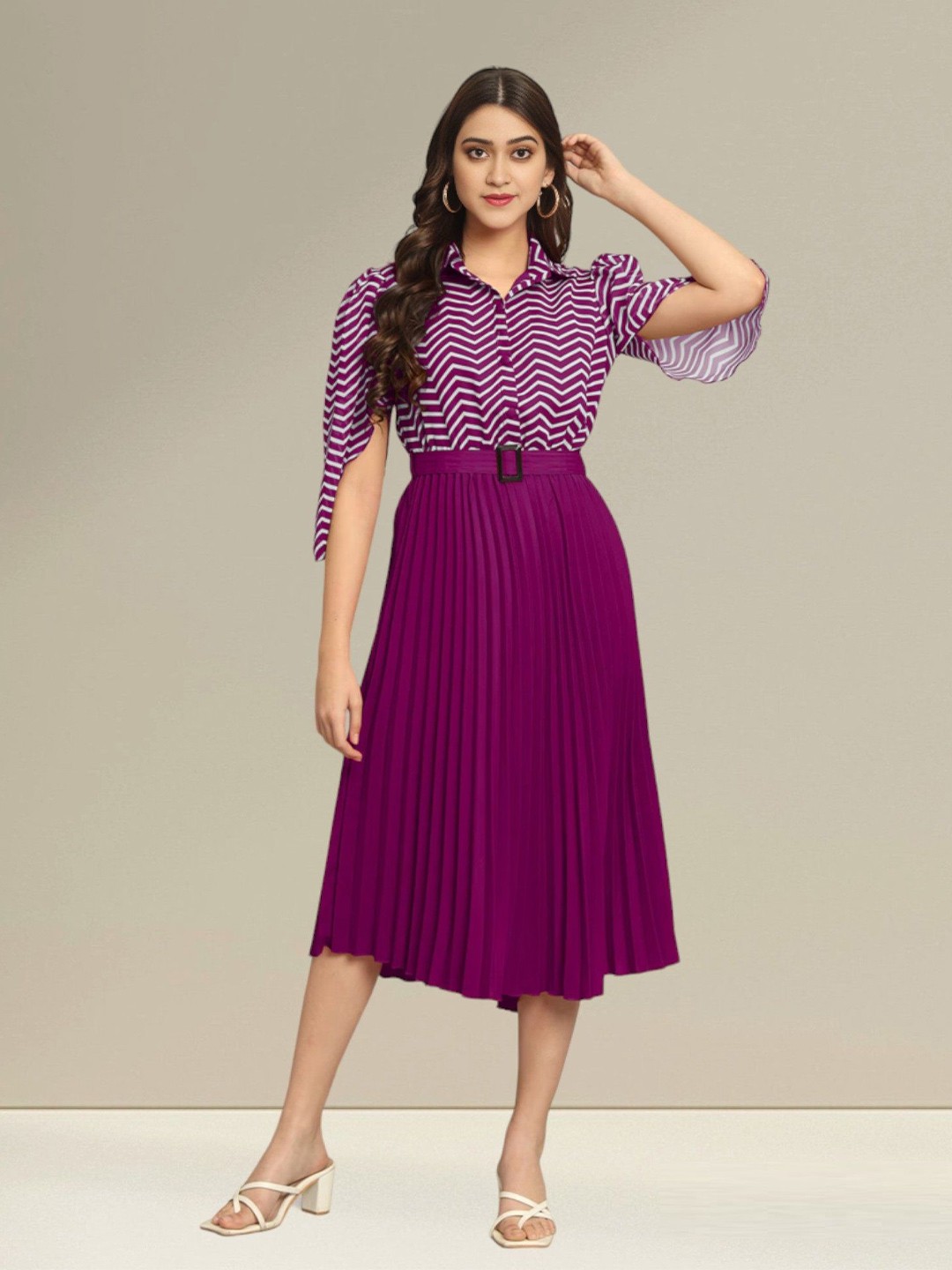 

Raiyani Fashion Striped Applique Georgette Fit & Flare Midi Dress, Magenta