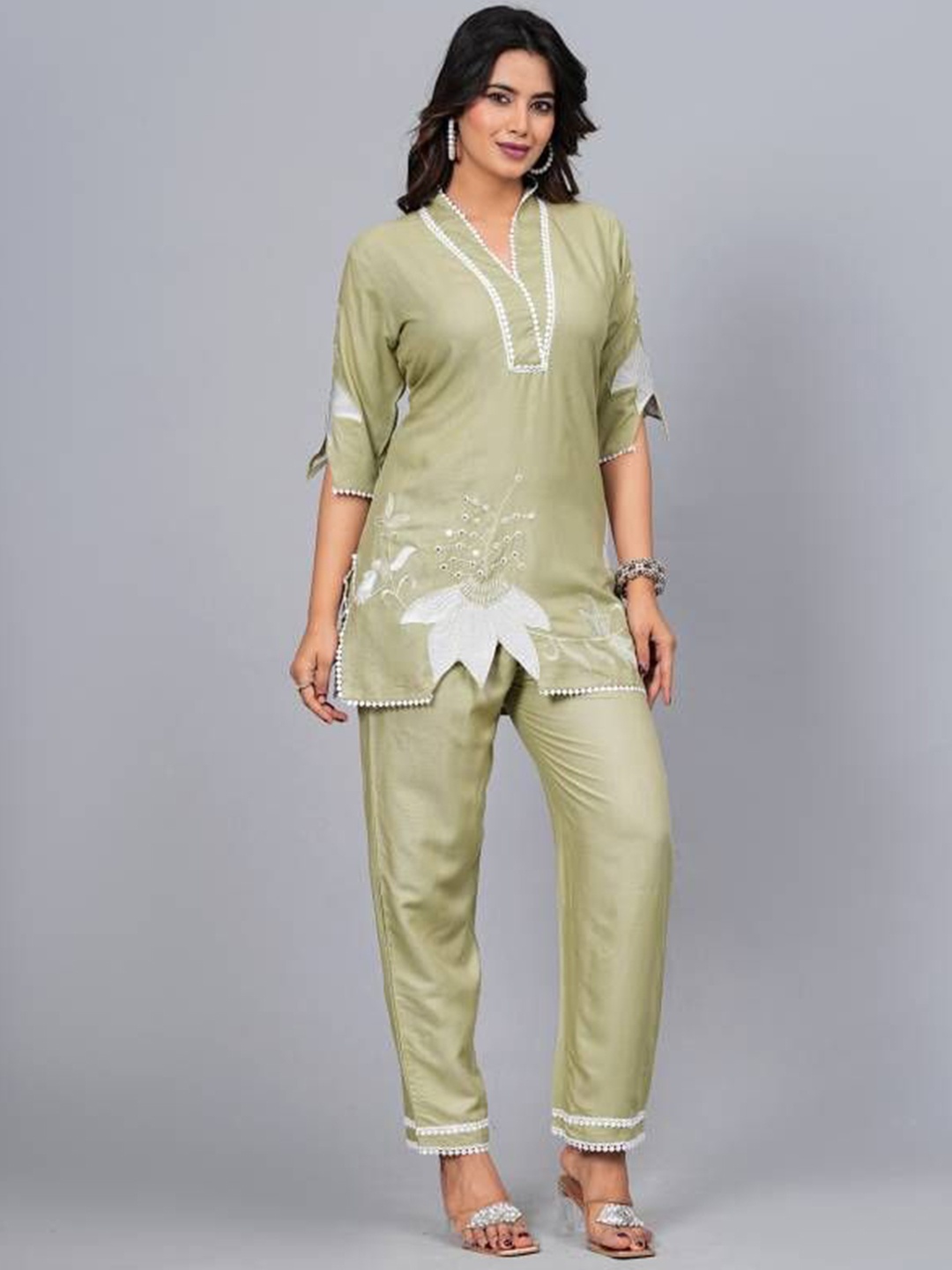

Moda Rapido Women Floral Embroidered Regular Thread Work Top with Trousers, Lime green