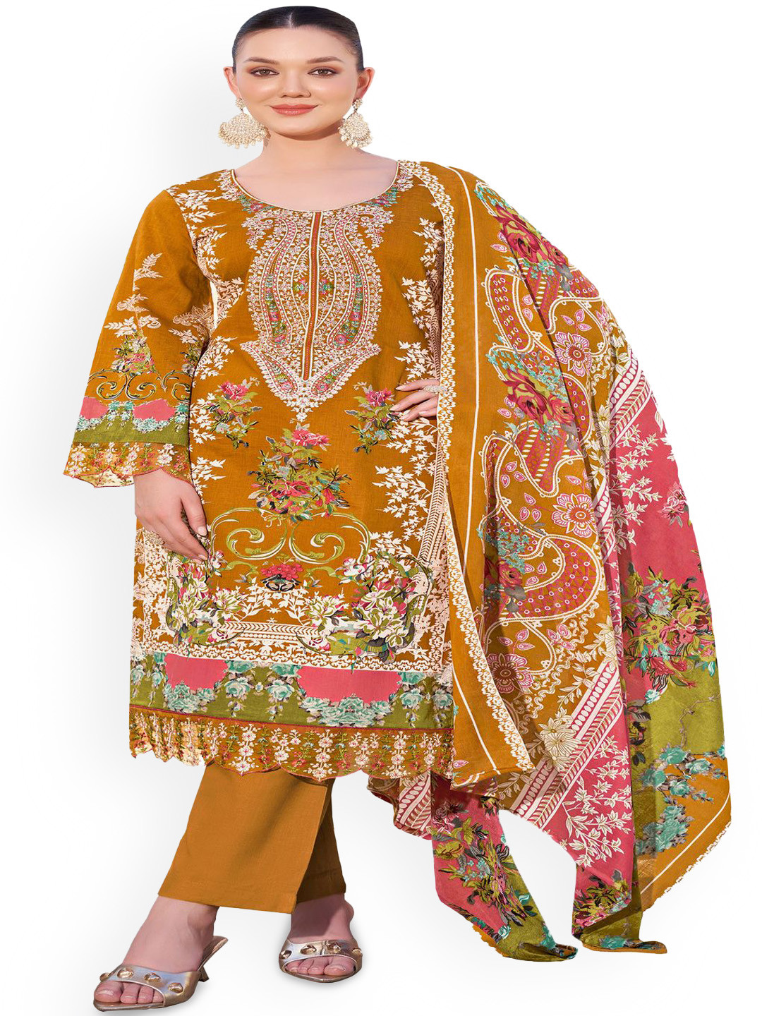 

DRAVINAM Trends Embroidered Pure Cotton Unstitched Dress Material, Yellow