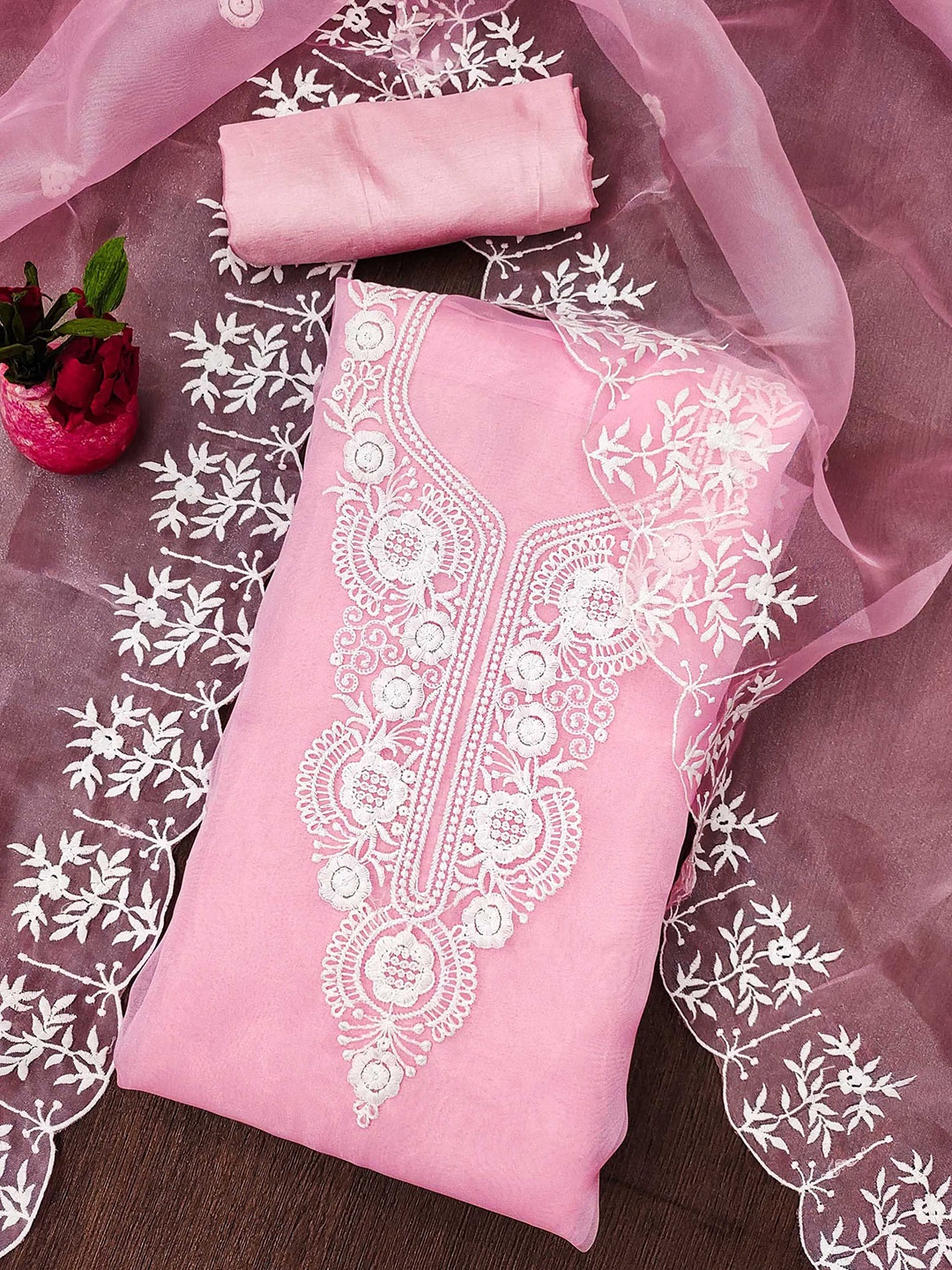 

SAINOOR Embroidered Organza Semi-Stitched Dress Material, Pink