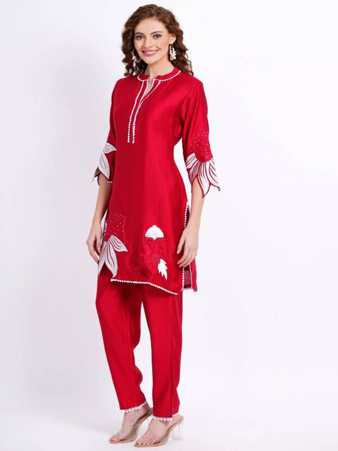 

Moda Rapido Women Floral Printed Regular Thread Work Top with Trousers, Red