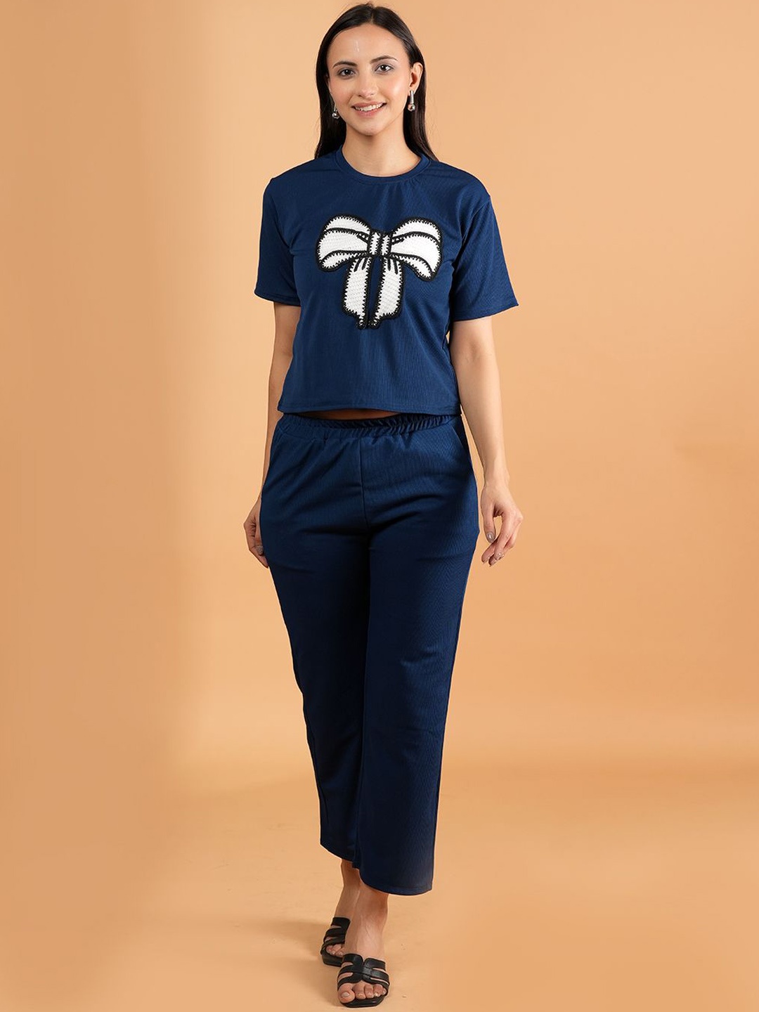 

Dreambe Printed Round Neck T-shirt with Trousers Co-Ords, Navy blue