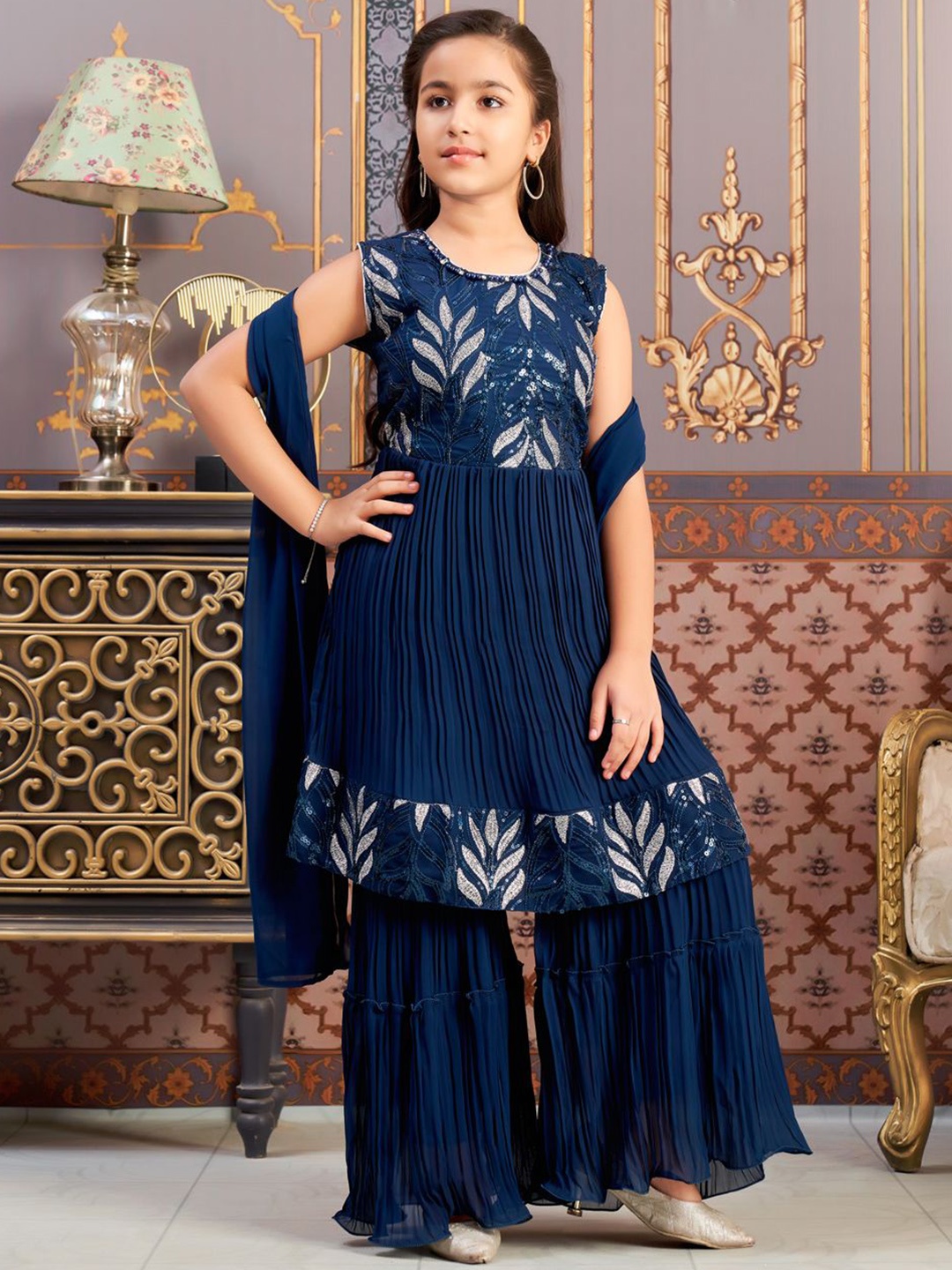 

Aarika Girls Floral Yoke Design Pleated Sequinned Kurta with Sharara & With Dupatta, Teal