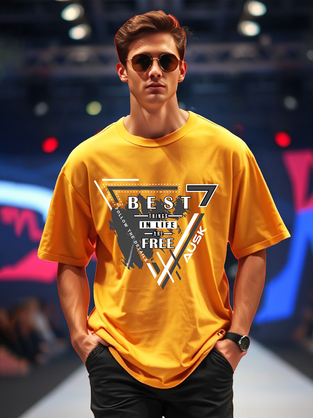 

AUSK Men Printed Applique T-shirt, Yellow