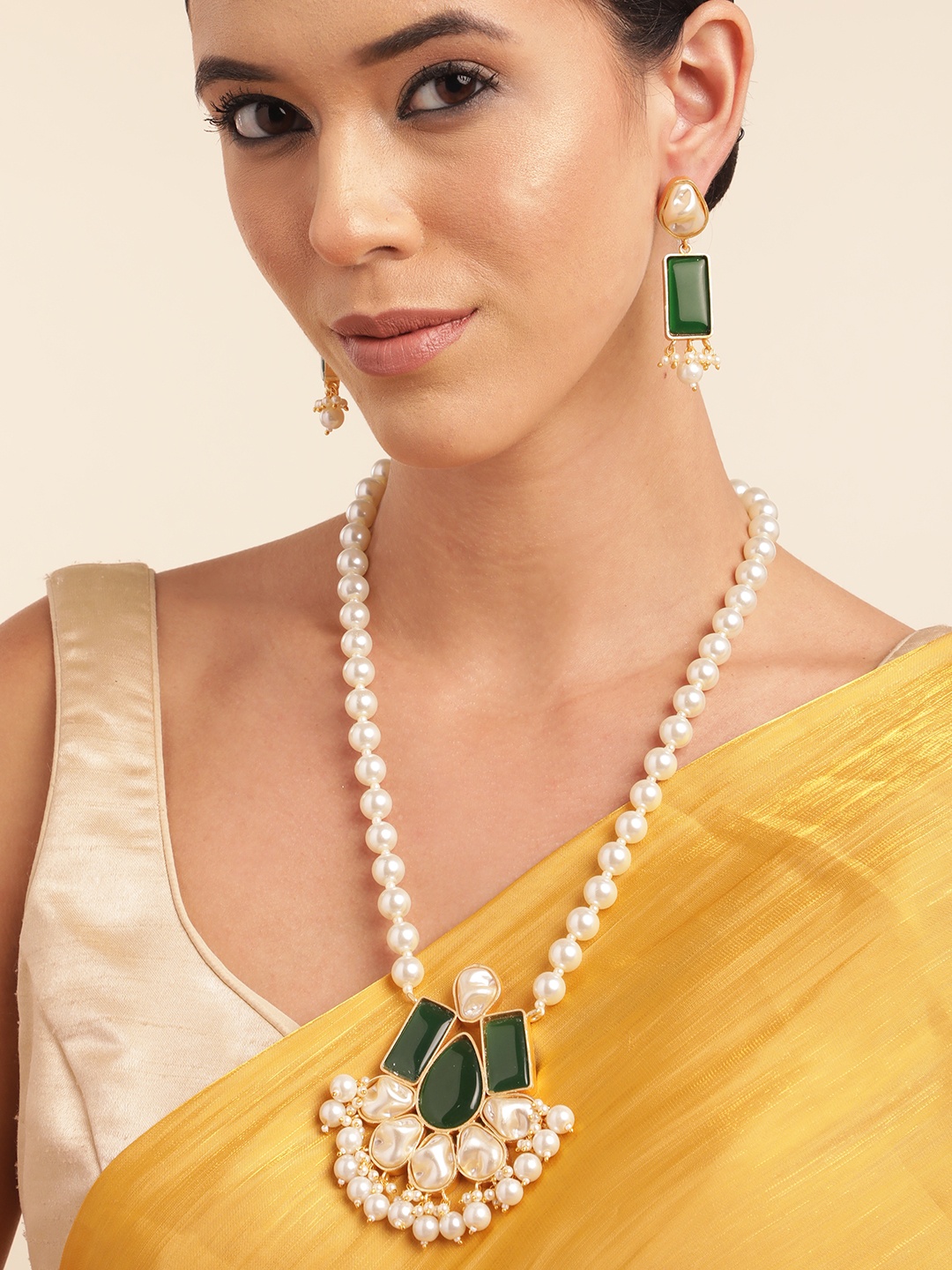 

Anouk Gold Plated Beaded & MOP Studded Premium Necklace & Earring Set, Green