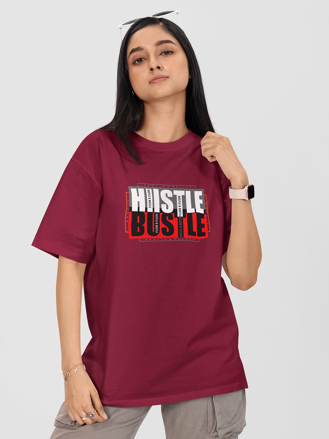 

Moda Rapido Women Printed Drop-Shoulder Sleeves Pockets T-shirt, Maroon