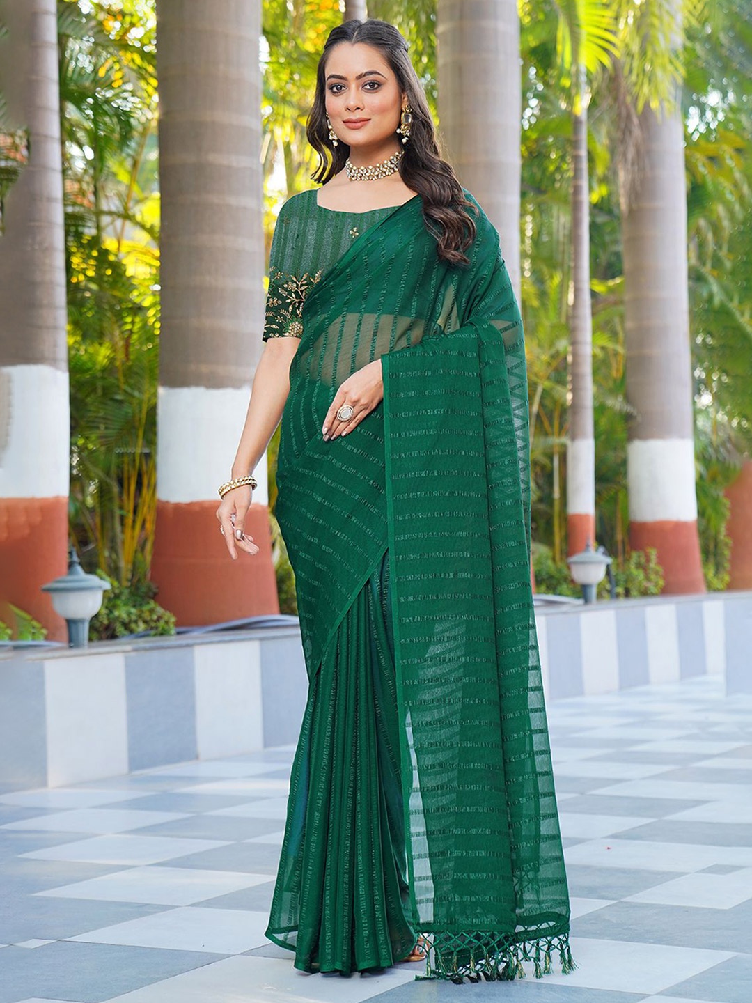 

A.V.M. SILK MILLS Striped Pure Chiffon Saree, Green