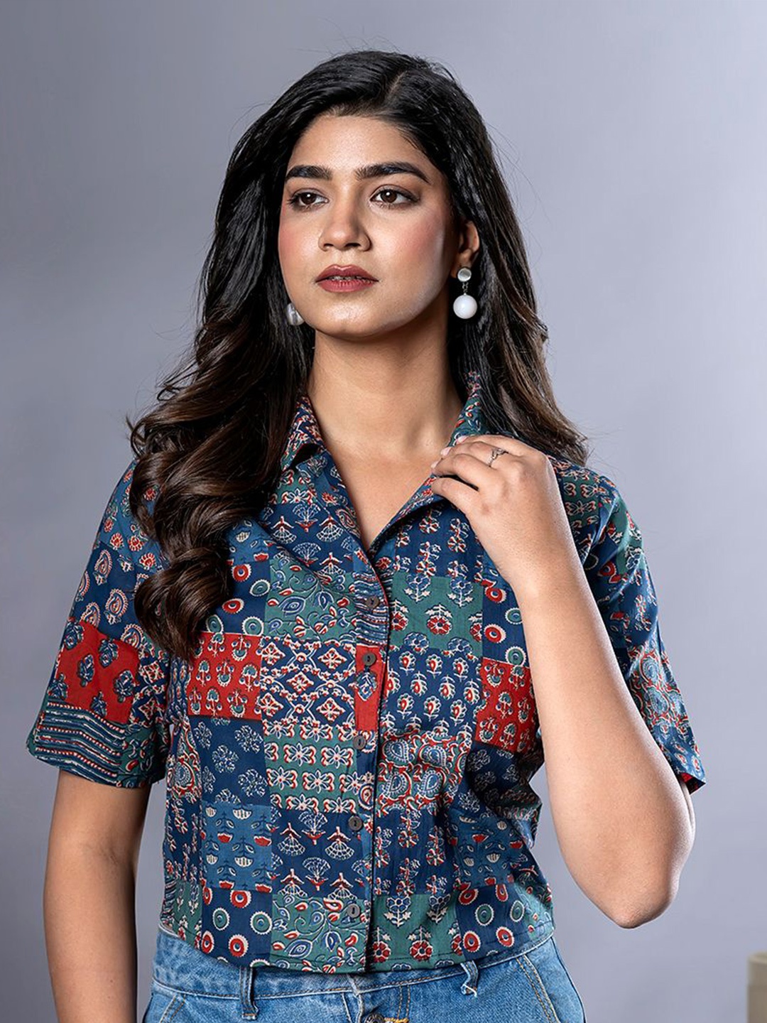 

CORSICA Print Cotton Shirt Style Crop Top, Blue